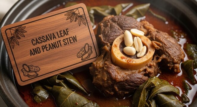 Cassava Leaf and Peanut Stew with Beef Shank &ndash; Sapele Wood Sign with Cassava Leaf & Peanut Pod Motifs