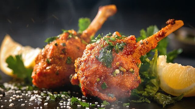 Chicken lollipop indian food on dark background with smoke