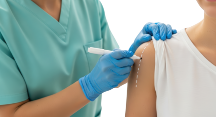 A medical professional in scrubs and blue gloves marks a patient's shoulder with a white marker creating a dashed line transparent background