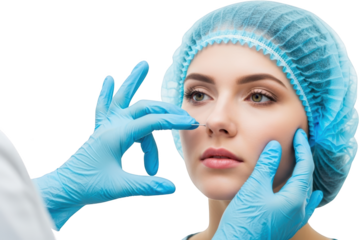 Close up of a woman receiving a cosmetic procedure on her nose with gloved hands with nurse cap isolate