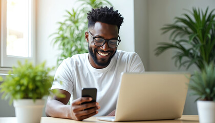 Smiling man uses phone and laptop. He checks something on mobile phone. Online booking travel concept. Happy person looking at smartphone. Modern tech gadget on table in bright room.