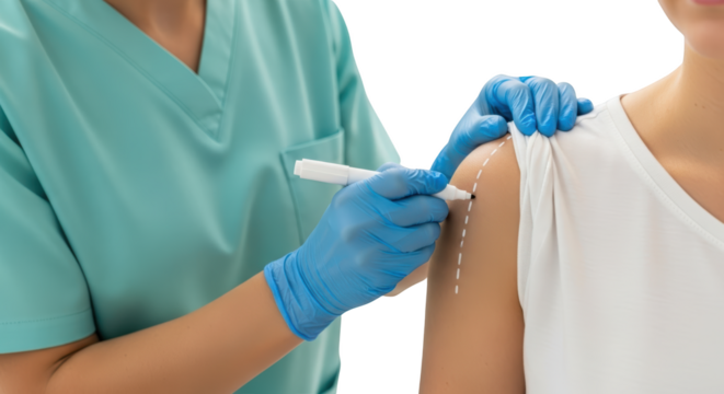 A medical professional in scrubs and blue gloves marks a patient's shoulder with a white marker creating a dashed line transparent background - Powered by Adobe