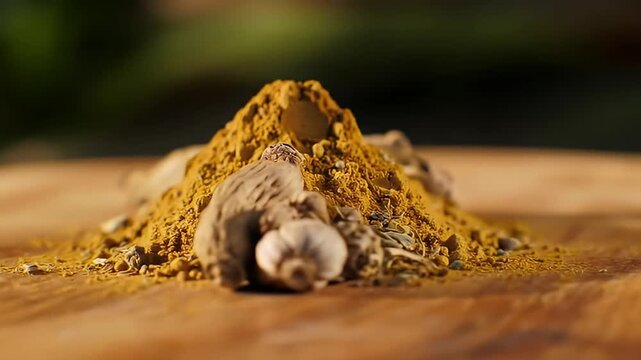 Pile of golden turmeric powder and root on a wooden surface, aromatic spice for cooking and healthy living