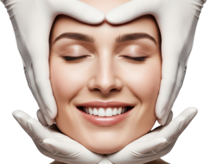 Woman's face with closed eyes gently held by hands in white gloves smiling showing perfect white teeth transparent background