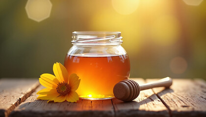 Honey jar with flower on wooden table
