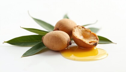 Illustration presents argan nuts with leaves and oil on white background. One nut is open. Healthy food ingredient for beauty products. Organic natural concept.