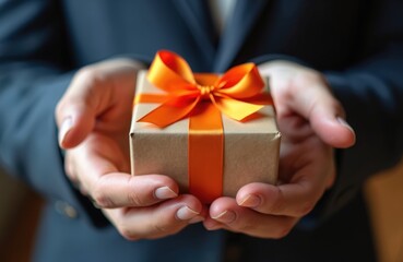 Person holds gift with orange ribbon. Gift giving, receiving concept. Reward for service. Special occasion celebration with wrapped present. Hands offer box. Congratulations on holiday birthday.
