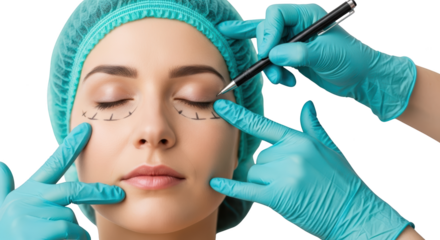 Woman's face with surgical markings around eyes gloved hands holding pen preparing for procedure Preparation transparent background