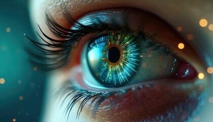 Close up of human eye with digital data streams. Biometric data security tech concept. Cyber security eye authentication technology background. Future identification system with eye tracking system.