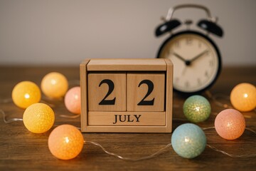 July 22nd Wooden Block Calendar with Clock and String Lights on a Wooden Tabletop