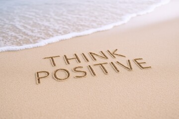 Fototapeta premium Think positive message written in sand with ocean wave approaching for inspirational concept
