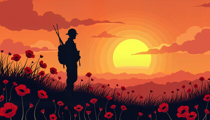 Silhouette of soldier against sunset with poppy flowers
