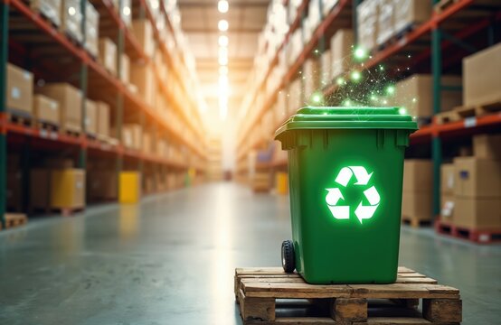 Green recycling bin with glowing digital elements stands in large warehouse on wooden pallet. Environmentally friendly waste management and industry concept. Modern eco-friendly storage and logistic. - Powered by Adobe