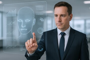 Man Interacting with Futuristic Holographic Interface Displaying Facial Recognition, Exploring Advanced Technology in a Modern Office
