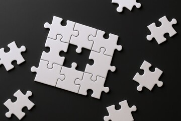 Jigsaw Puzzle Pieces Arranged with Missing Central Piece on Dark Background, Symbolizing Problem Solving and Strategy