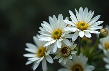 Fototapeta premium Close view actinotus helianthi also known as flannel flower. Several blooming white petals surround yellow flower heads. Flowers form cluster. Flora soft, furry, woolly on dark background. Plants