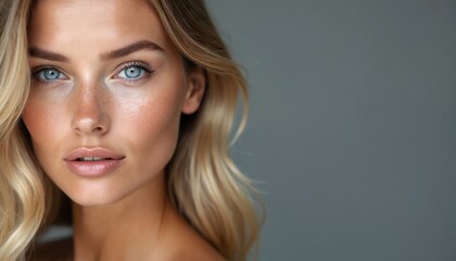 Woman with blonde hair, blue eyes looks at camera. Natural clean skin with light freckles. Soft studio lighting highlights facial features. She has perfect lips, eyebrows. Blonde hair frames her face.