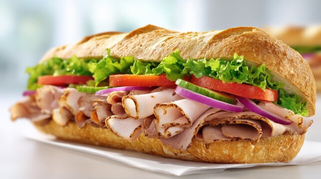 Delicious Sub Sandwich Loaded with Fresh Ingredients, Featuring Turkey, Lettuce, Tomato, and Onion on Baguette
