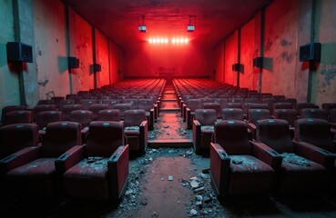 Rows of worn red velvet seats fill abandoned cinema hall. Dusty floor littered with debris. Dramatic red lighting illuminates empty stage and decaying interior.
