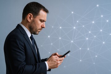 Professional man using smartphone against futuristic network background, communicating with technology for business development