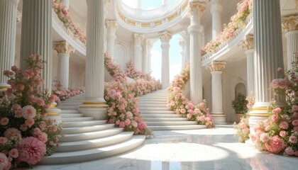 Naklejka premium Opulent marble staircase adorned with pink floral garlands. Classic palace hall features elegant columns, arches. Dreamy interior evokes luxury, magic, fairy tale themes. AI generated interior design