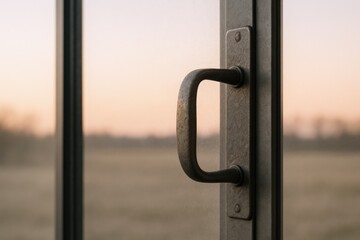 Abstract shot of metal door handle at sunset overlooking field, creating welcoming invitation