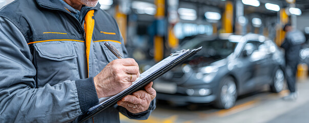 Engine inspection at car service shop, mechanic writing checklist, evaluating repairs and maintenance tasks on vehicle