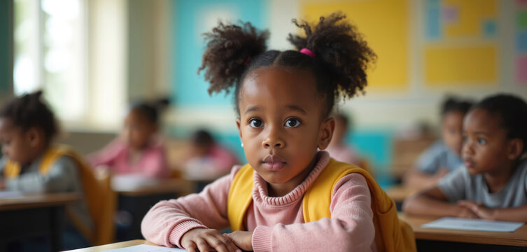 Young Black girl with afro puffs sits at classroom desk looking intently at camera. Other children learn in background. First day of school excitement and apprehension.