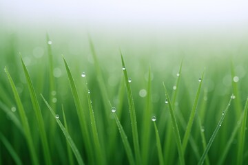 Fototapeta premium Fresh Green Grass Blades with Dew Drops: A Macro Shot for Springtime Serenity