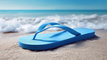 Blue Flip Flop on Sandy Beach with Turquoise Sea, Perfect for Summer Vacation