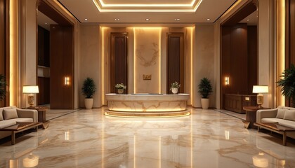 Grand hotel lobby features marble floors, large reception desk, and plush seating areas with warm ambient lighting. Elegant decor creates welcoming atmosphere for guests arriving at establishment.