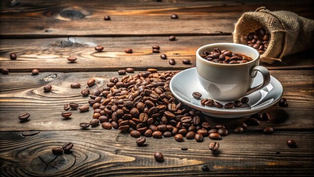 A rich aroma wafts from a delicate ceramic coffee cup placed on a weathered wooden table, where an assortment of coffee beans spills out from its saucer , cup, decor