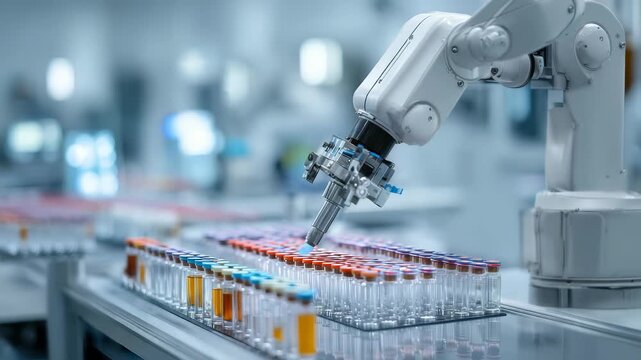 A robotic arm operates in a high tech laboratory, efficiently managing rows of test tubes for scientific analysis. This image represents automation, precision, and the future of laboratory research
