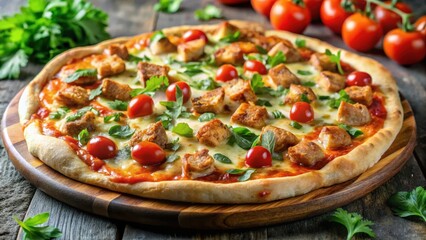 Aromatic flavors melding with melted cheese on a homemade chicken tikka pizza crust topped with fresh cilantro and cherry tomatoes, crust toppings, aromatic flavors
