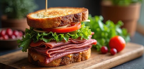 Toasted sandwich on cutting board features ham lettuce tomato. Delicious meal snack consists of sliced meat fresh salad. Fast food lunch for gourmet or blogger on diet concept.