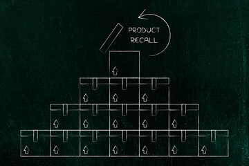 product recall text with circular backward arrow and large pile of boxes, minimalist illustration