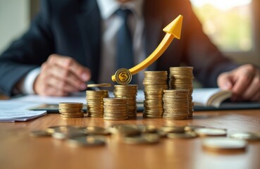 Man in suit counts money stacks near rising arrow graph. Financial analyst reviews economic data at desk. Business growth, profit, and investment increase concept.