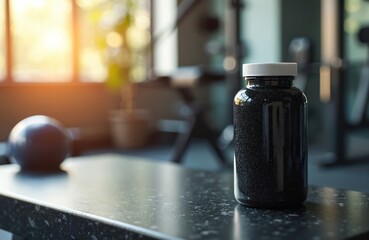 Black supplement bottle sits on gym bench near window. Weight equipment, fitness ball on background. Bottle on table at fitness center. Sport nutrition for body building and wellness.