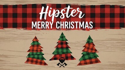 Hipster Merry Christmas with Plaid and Trees Holiday Card.