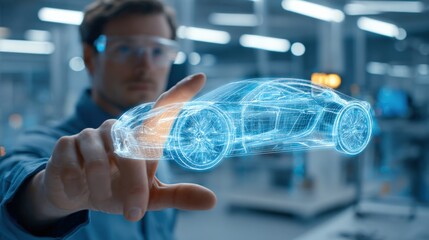 Engineer Designing Futuristic Car with Hologram Technology in Advanced Automotive Manufacturing Facility