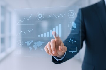 Businessman interacting with virtual financial data interface, showcasing market trends and growth strategies