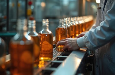 Worker in lab coat inspects amber liquid in glass bottles on automated assembly line. Quality control at food beverage manufacturing plant. Production process.