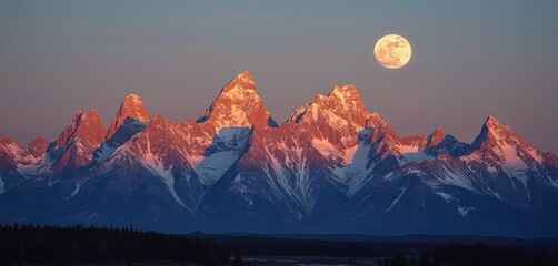 Scenic view of Tetons peaks during sunrise time with full moon. Sun rays illuminate mountain tops. Winter landscape depicts snow capped rocky mountains and valley on the horizon line.