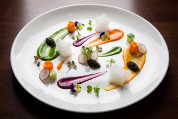 Artistic Vegetable Presentation - vibrant vegetable purees swirled on a plate accompany delicate foam, radishes, and caviar.