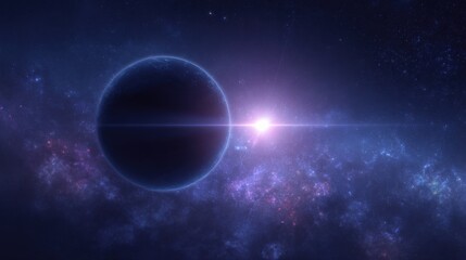 Fototapeta premium Dramatic Space Scene with a Dark Planet, Nebula, and a Bright Star Bursting with Energy