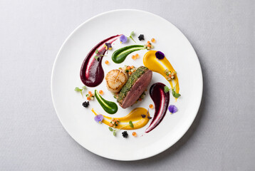 Scallop and Duck Duo - a seared scallop and slice of duck rest among colorful swirls of vegetable puree and edible flowers.