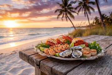 Tropical Beach Seafood Platter - fresh grilled shrimp, lobster tails, and scallops are arranged on a silver platter against a beach sunset.