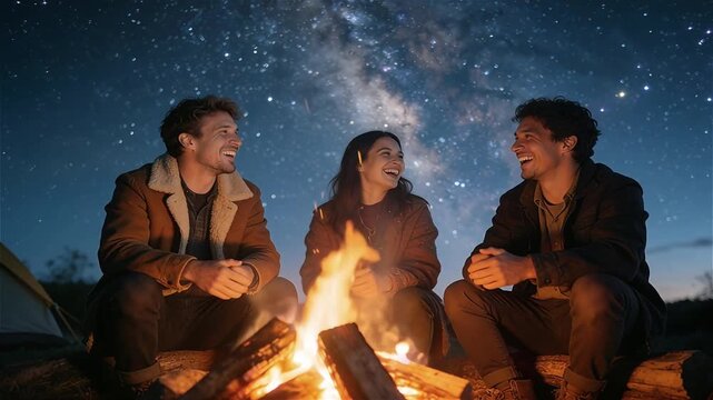 Un grupo de tres amigos riendo y contando historias alrededor de una hoguera 