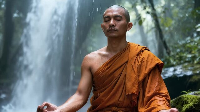 Un monje con túnicas sentado en posición de loto y meditando bajo una cascada de agua
