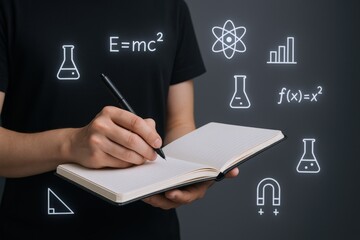 Person Writing Physics Equations in Notebook Surrounded by Science Graphics, Education Concept